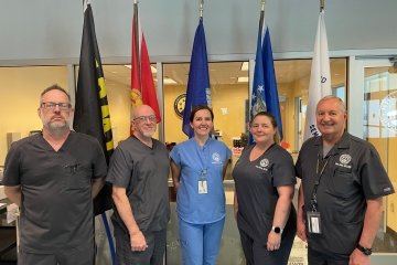 Ƶ Staff and Faculty Military Veterans who work at thse Dental Institute, from left to right: Don Touvell, Dental Lab Coordinator; Wes Reynolds, Dental Lab Manager; Melanie Bauer, D.M.D., Asistant Professor; Ashley Madern, D.M.D., Assistant Professor; Larry Johns, D.D.S., M.S.D., Assistant Professor